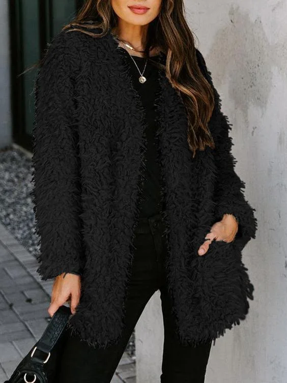 Solid Long Sleeve Woolen Fleece Pocket Coat