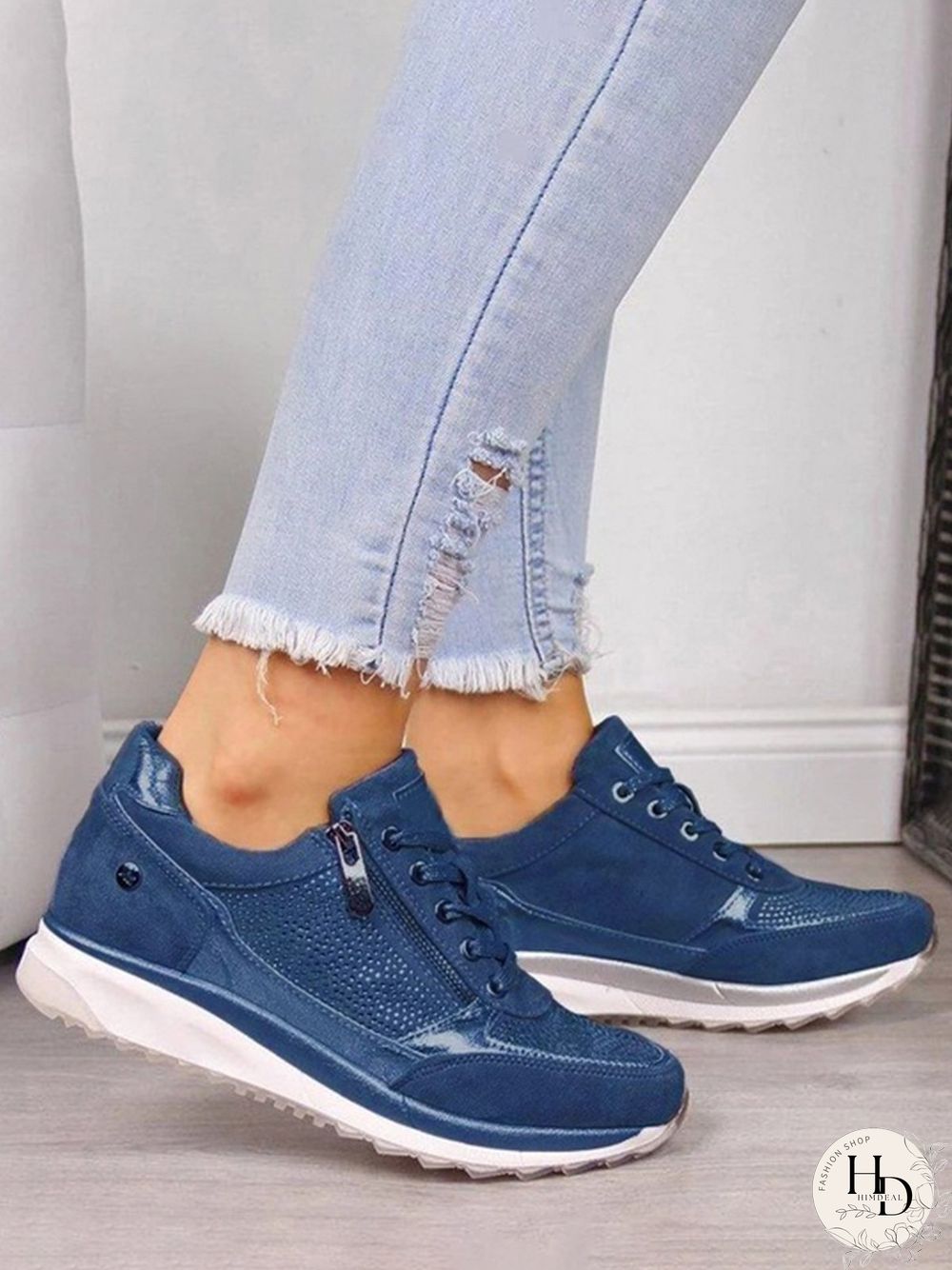 Diamond Panel Zip Lace-Up Casual Shock Absorbing Sneakers