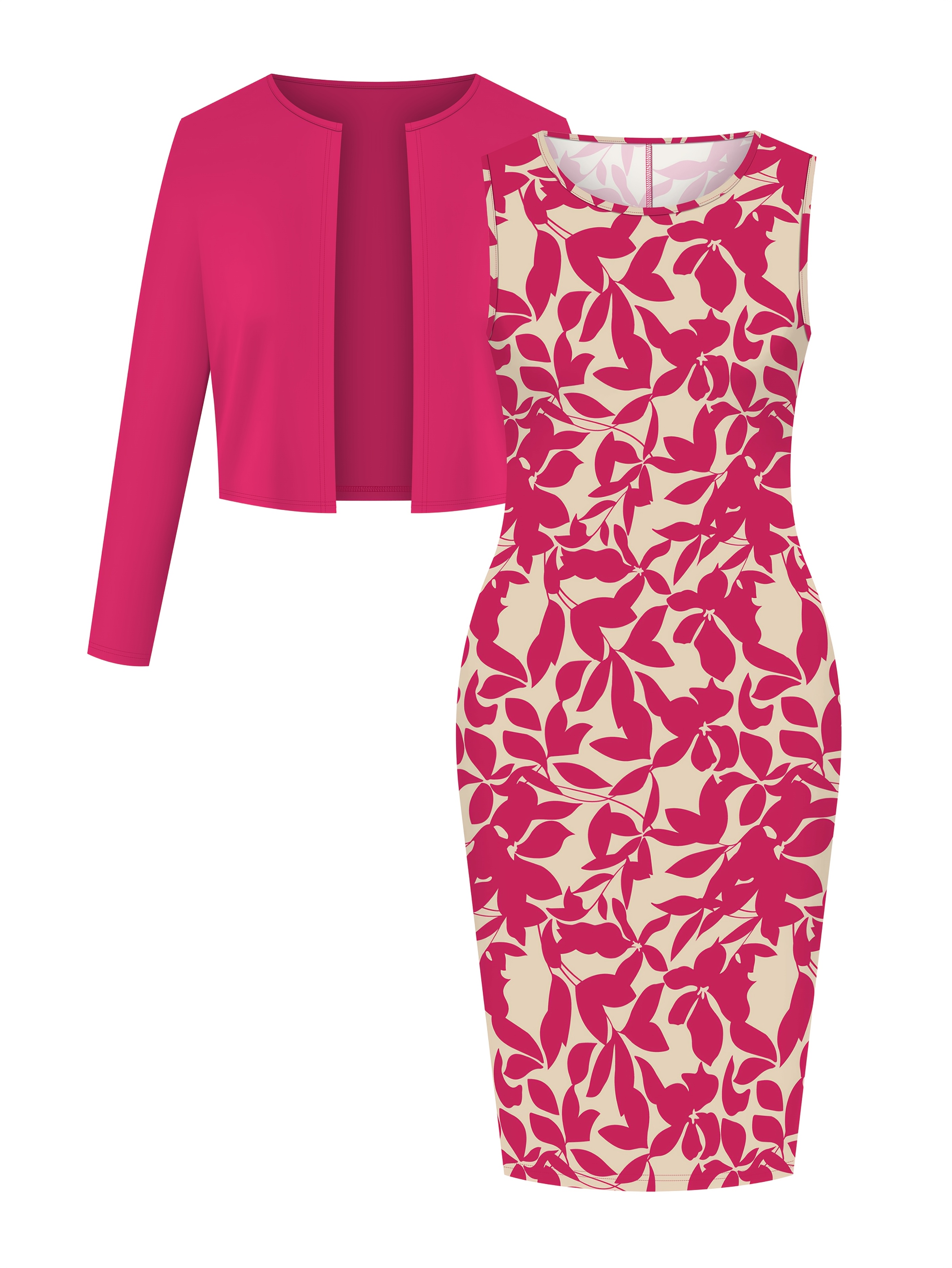 Women&lsquo;s Elegant Set Solid Color Cardigan Long Sleeve Jacket and Plant Print Dress Two-piece Set