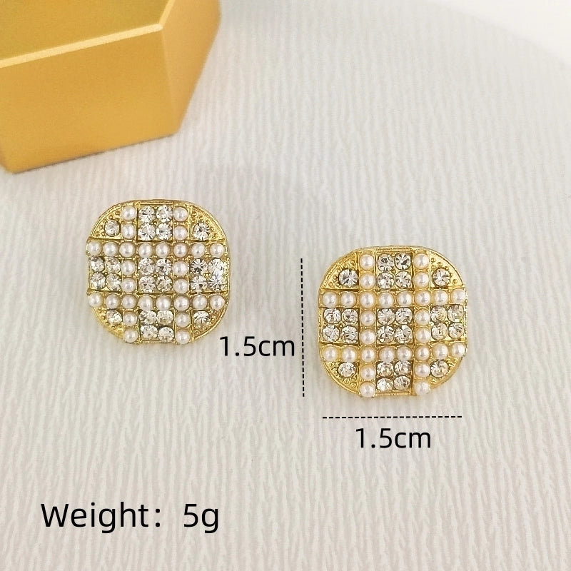 1 Pair Elegant Streetwear Commute Square Inlay Alloy Artificial Pearls Rhinestones Gold Plated Ear Studs