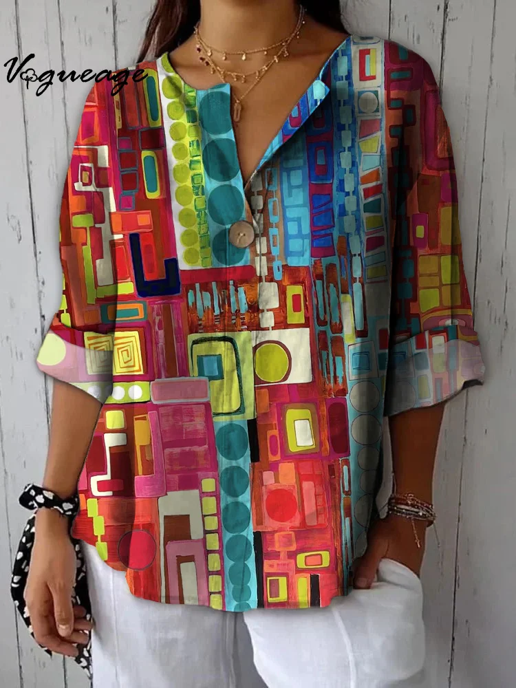Fashionable Creative Color Strip And Block Splicing Printed Cotton And Linen Shirt