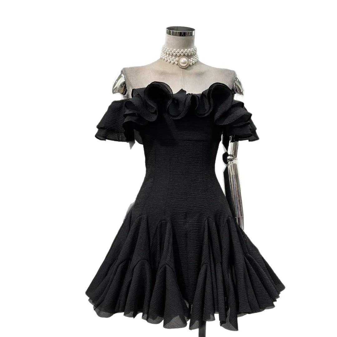 Brownm Gentle Lotus Leaf Petal Word Collar Solid Fairy Short Dress Waist Niche Hip Party Elegant Temperament