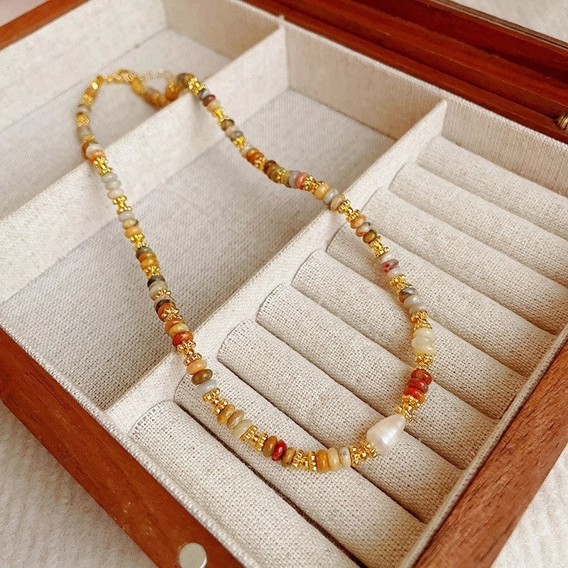 Natural Stone Freshwater Pearl Minimalist Beaded Geometric Necklace