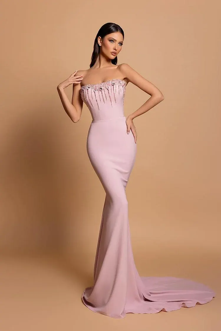 Lussooy Strapless Pink Sleeveless Mermaid Beading Evening Dress 
