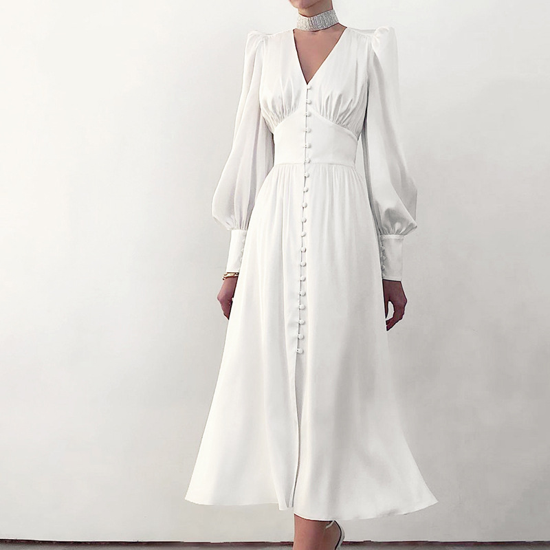 Women V Neck Puff Long Sleeve Midi Dress