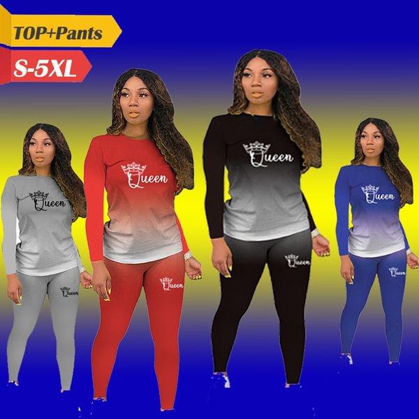 Two Piece Set Women Fashion Gradient Print Bodycon Tracksuit Long Sleeve Top + Biker Joggers Pants Outfits Matching Set - Shop Trendy Women's Fashion | TeeYours