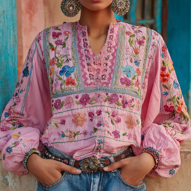 Women's Retro Ethnic Pink Awareness Flower Embroidery Printed Top