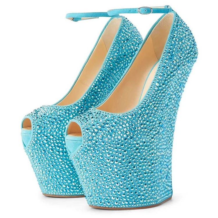 Blue Peep Toe Crystal Embellished Ankle Strap Platform Wedge Pumps |FSJ Shoes