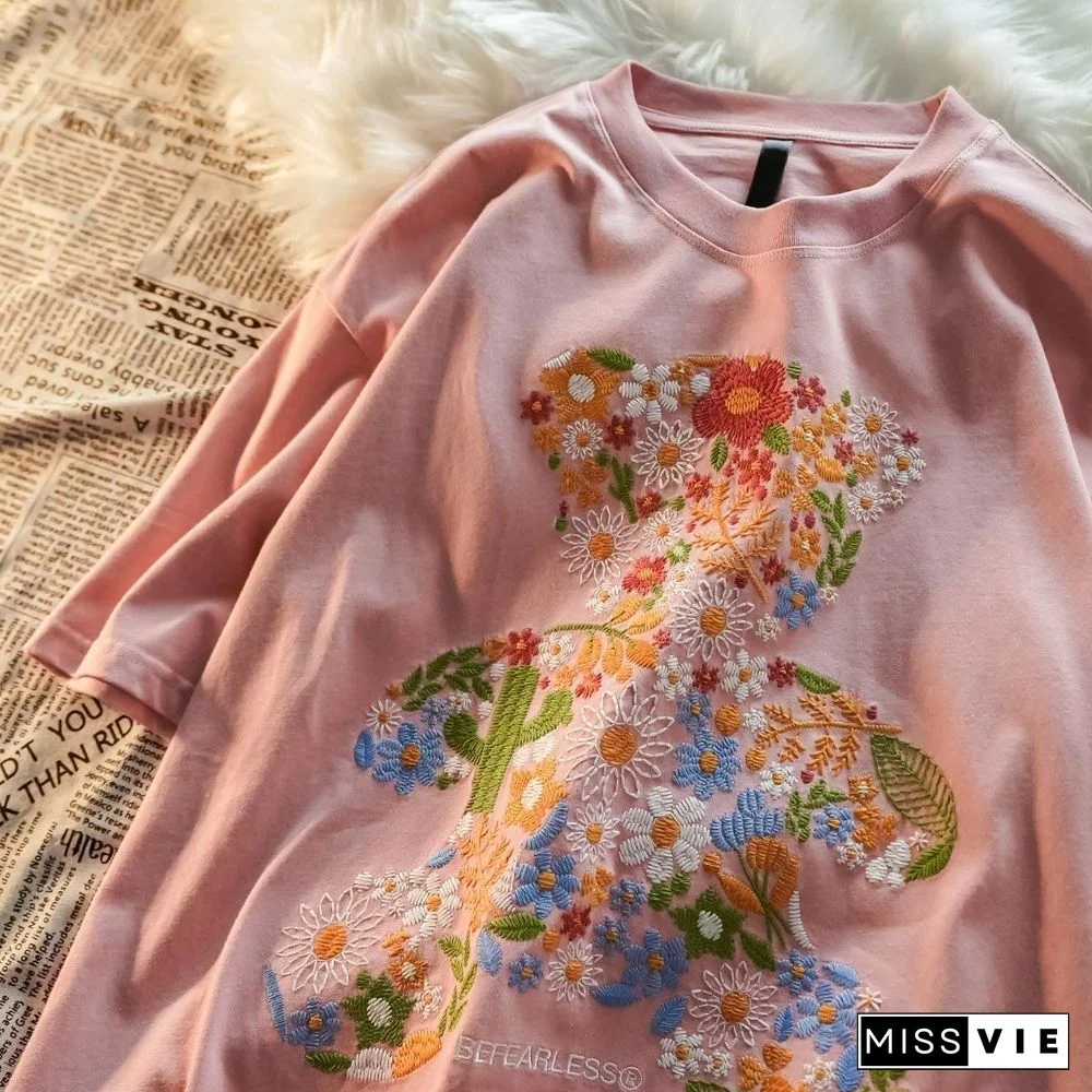 S-5XL Plus Size Women Cotton Oversized T-shirts Couple Harajuku O-Neck Loose Tees Embroidered Plant Bear Half Sleeve Shirt Tops