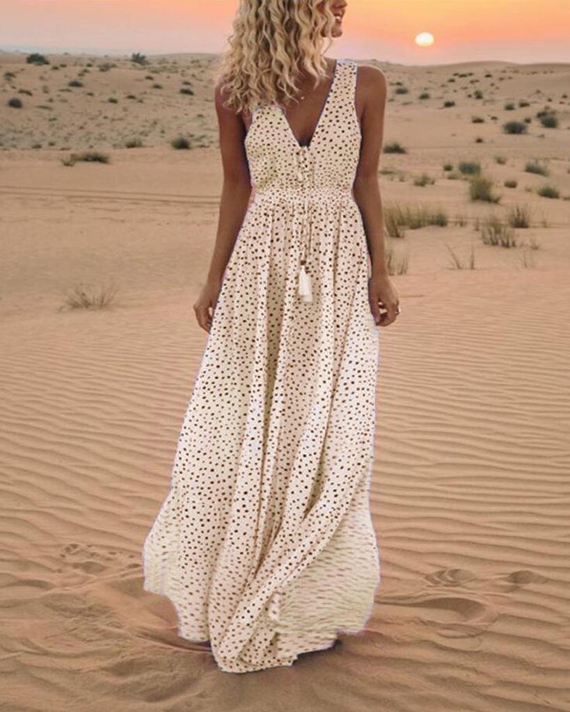 Fashion Summer New V-neck Sleeveless Maxi Dress Holiday Beach Polka Dot Bohemian Dress shopify LILYELF