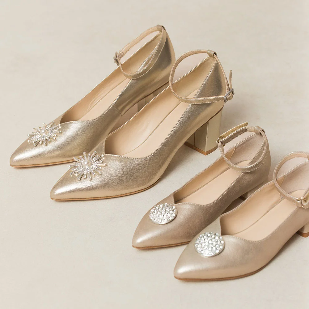 Gold Metallic Finish Pointed Toe Rhinestone Ankle Strap Pumps Heels