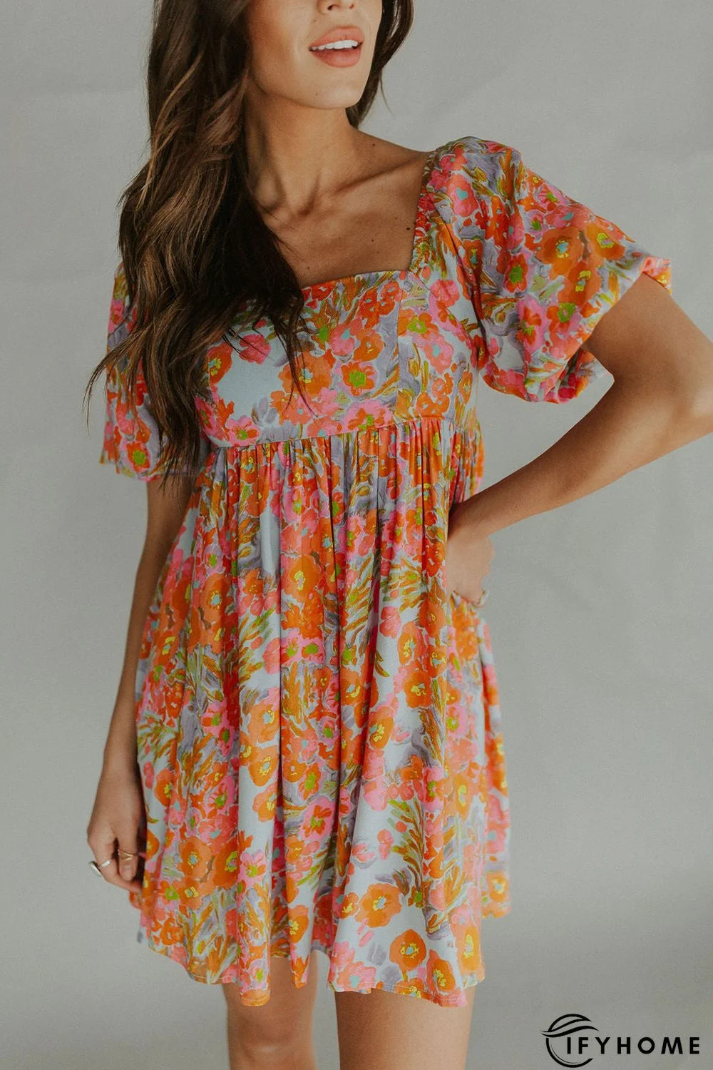 Orange High Waist Square Neck Puff Sleeve Floral Dress | IFYHOME