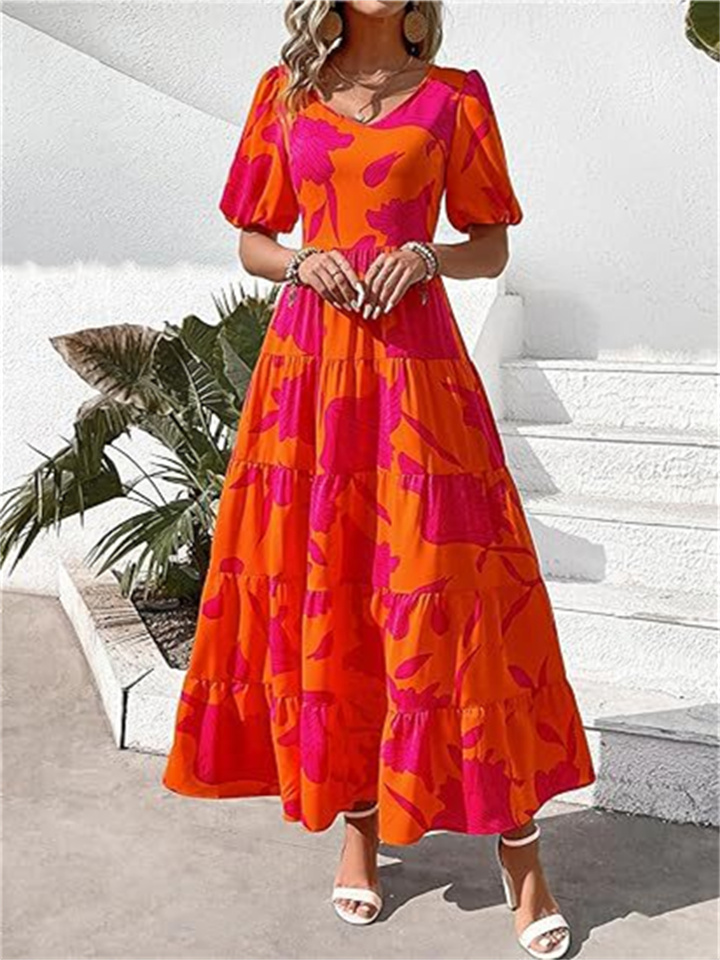 Bubble Sleeve Shirt Collar High Waist Slimming Dress