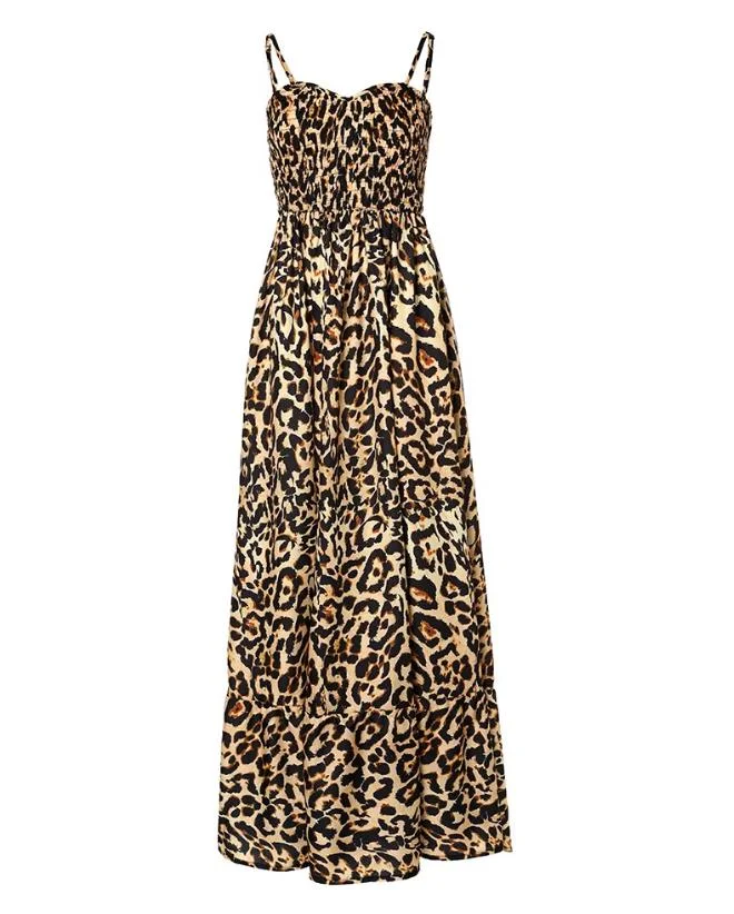 Nncharge Women's Dresses 2023 Spring Fashion Leopard Print Shirred Casual V-Neck Sleeveless Daily Cami Maxi A Line Dress