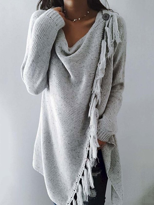 Long Sleeve Cowl Neck Plain Cotton-Blend Tops