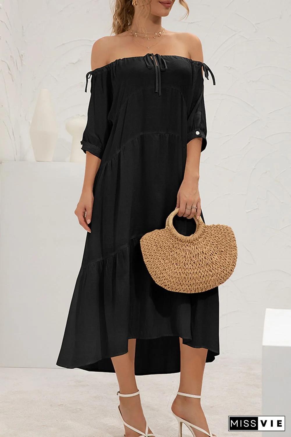 Elegant Solid Split Joint Frenulum Off the Shoulder Cake Skirt Dresses