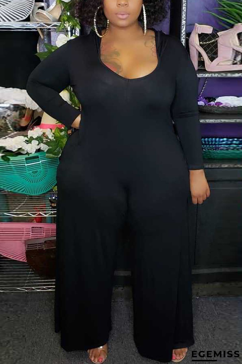 Black Casual Knitting Solid Patchwork O Neck Plus Size | EGEMISS