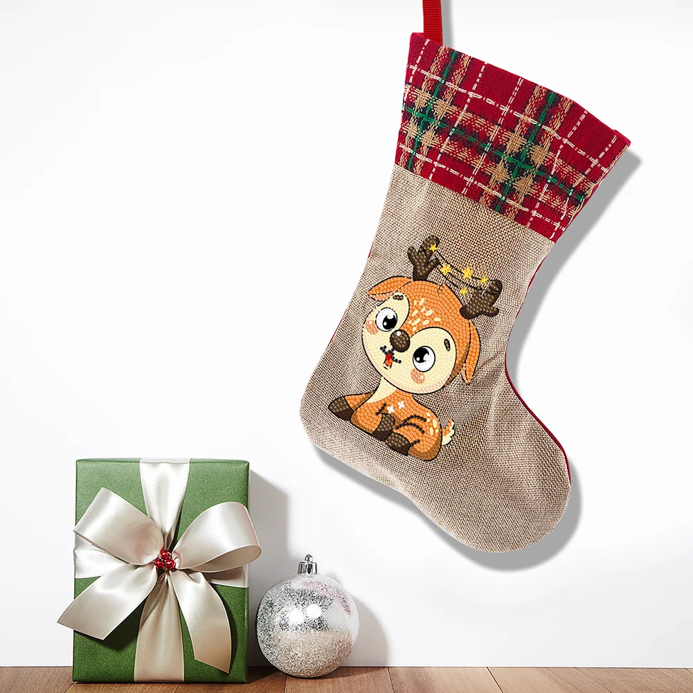 DIY Elk Christmas Socks Decor DIY Diamond Art Kits for Family Party Decoration(20*35cm)