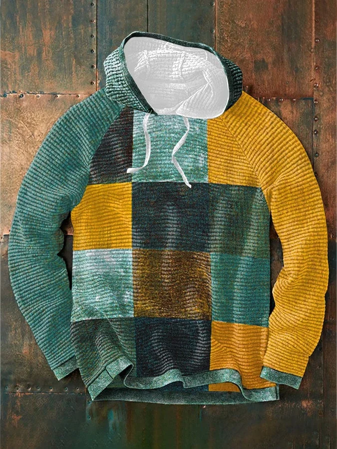 Men's Color Block Print Contrast Casual Hooded Sweatshirt