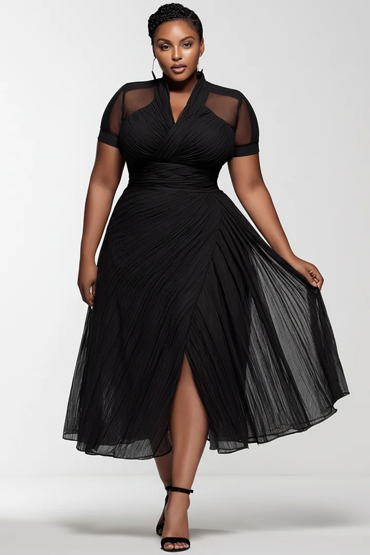 Xpluswear Design Plus Size Party Black V Neck Short Sleeve See Through Pleated Chiffon Midi Dresses 2024 - Xpluswear