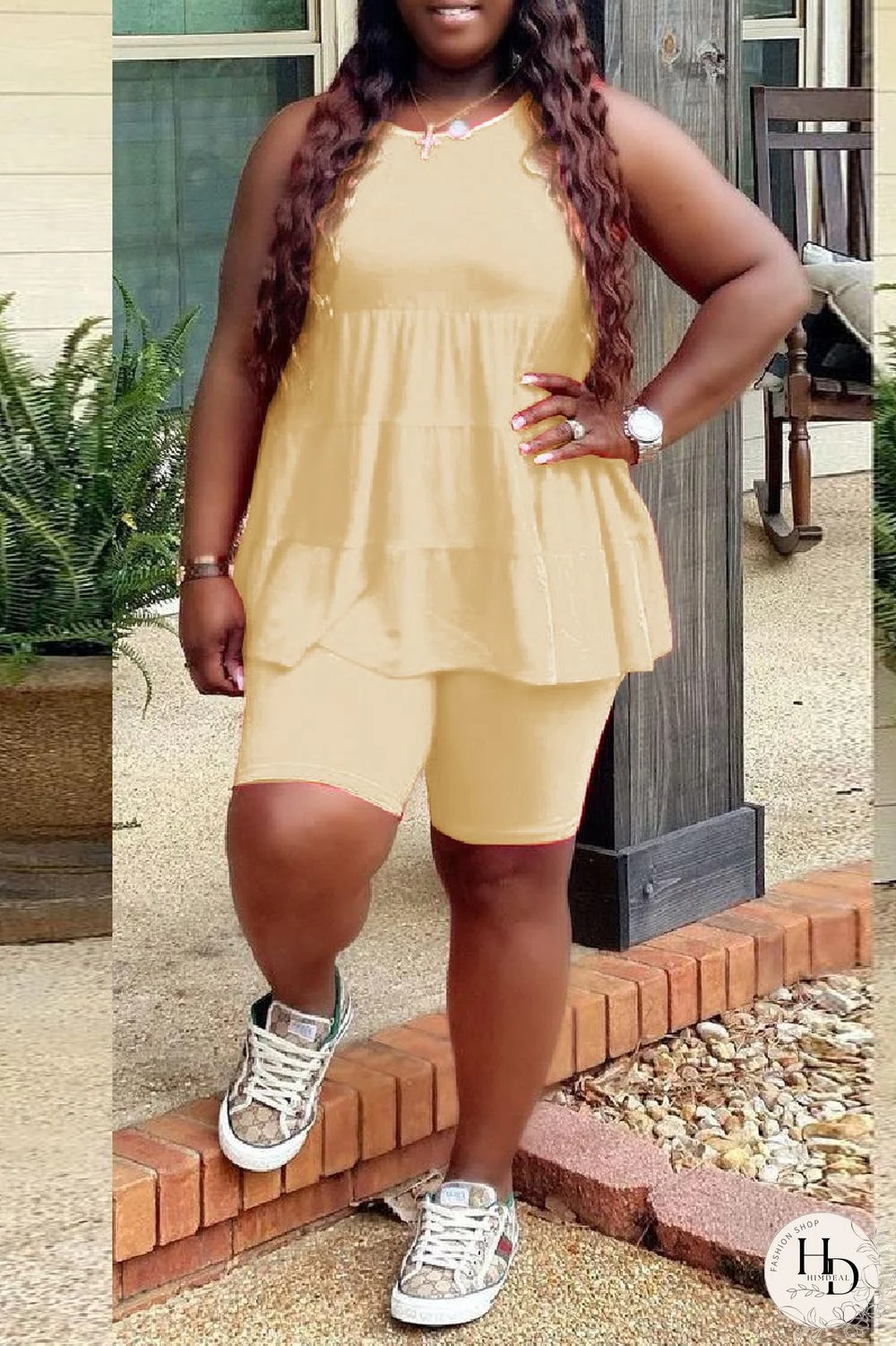 Yellow Fashion Casual Solid Basic O Neck Plus Size Two Pieces