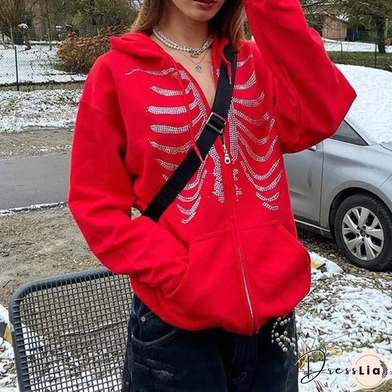 Christmas Gift Goth Skeleton Hand Print Autumn Winter Hoodies Women Zipper Up Harajuku Sweatshirt Gothic Clothes Loose Jacket Coat Hooded