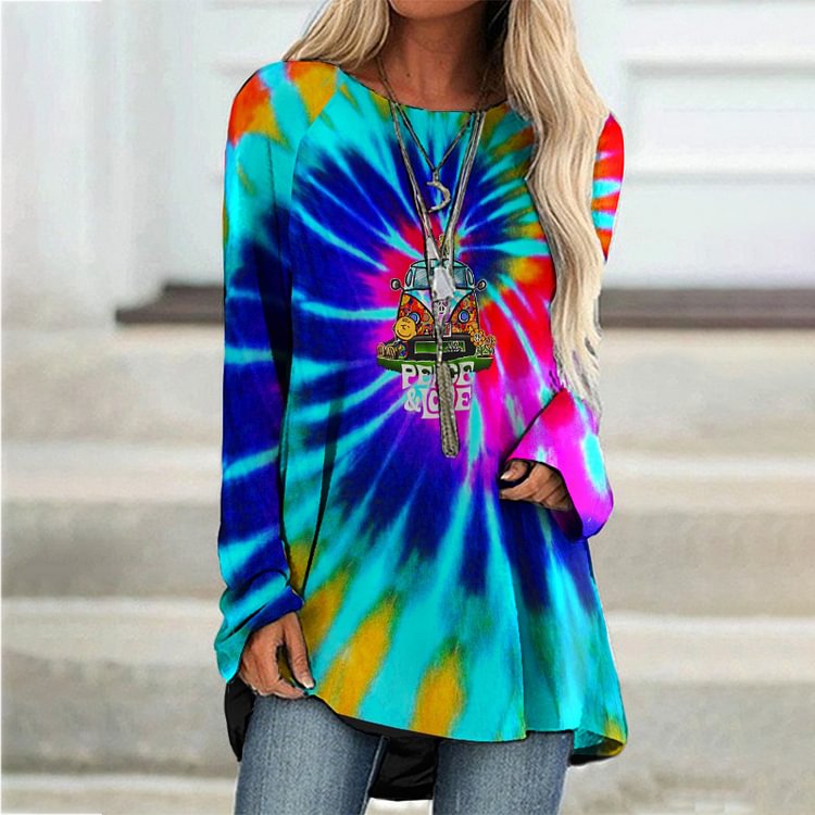 Comstylish Hippie Tie Dye Print Long Sleeve Tunic