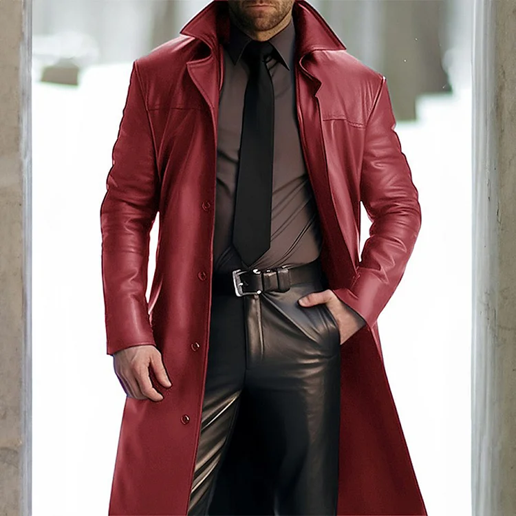 Men's Casual PU Leather Notch Lapel Single Breasted Long Sleeve Solid Overcoat