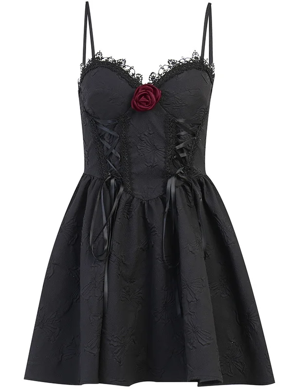 Dark Goth Floral Jacquard Rose Spaghetti Straps Dress
