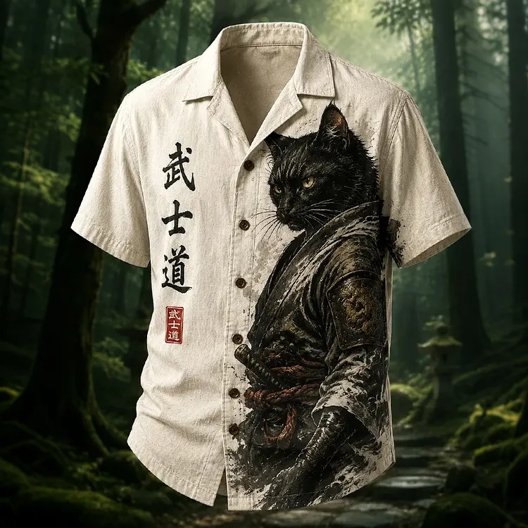 Men's Retro Japanese Ink-wash Samurai Black Cat Print Casual Short Sleeve Shirt