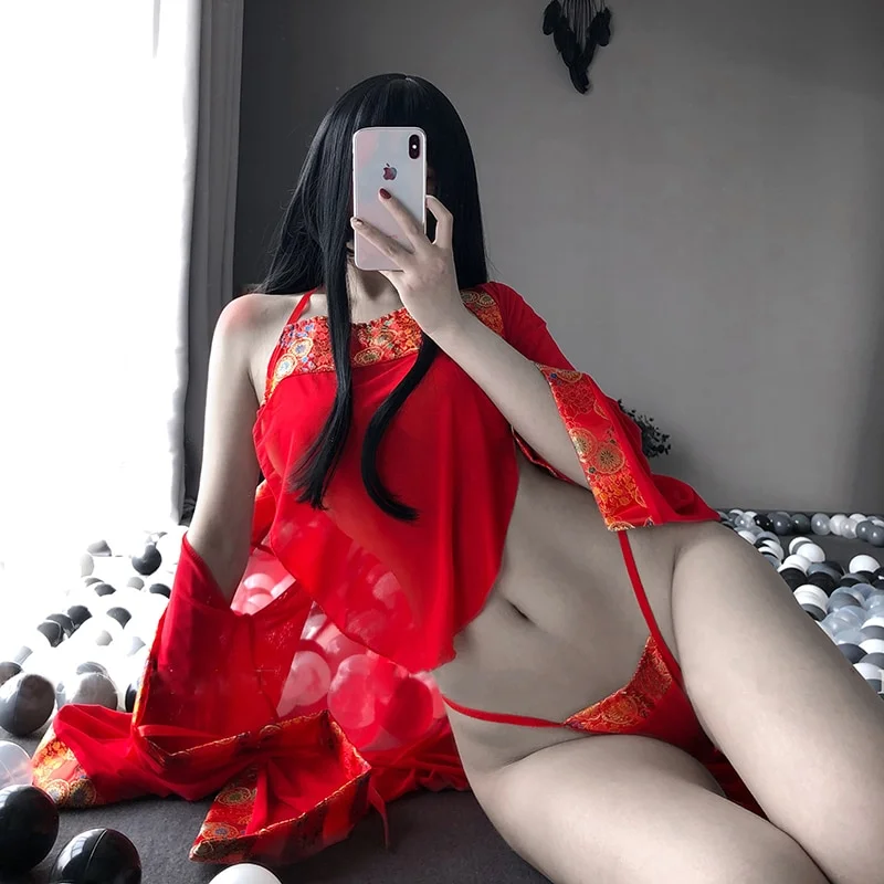 Billionm Women Sexy Lingerie Set with Robe Dress Pijamas Nightdress Bellyband Suit Red with T-back Thong Sleepwear Nightgown