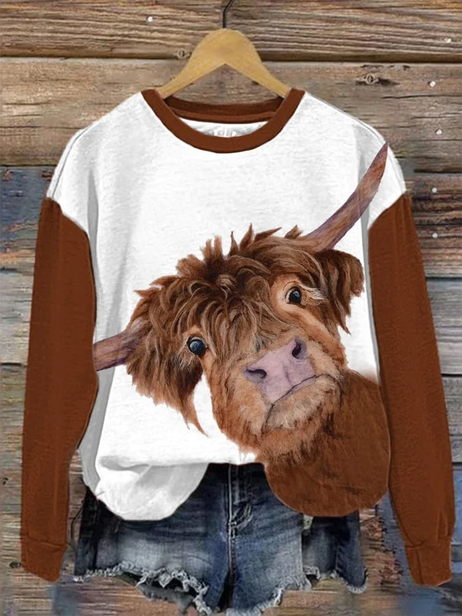 Women's Fun Highland Cow Print Casual Drop Shoulder Long Sleeve T-Shirt socialshop