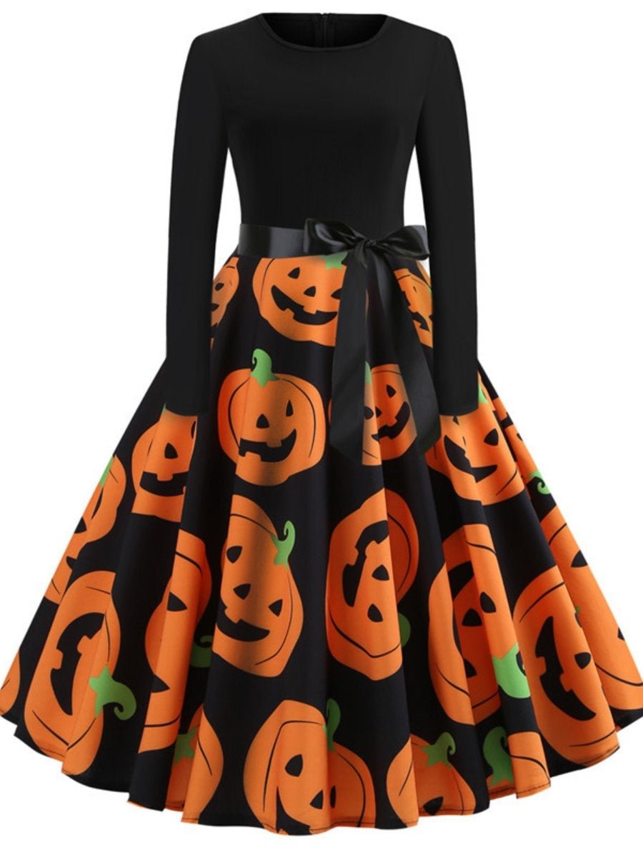 Halloween Dress Skeleton Pumpkin Printed Long Sleeve Belted Swing Dresses