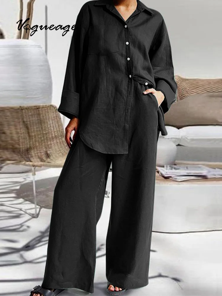 Fashion Solid Color Nine-Point Sleeve Shirt Loose Pants Cotton And Linen Two-Piece Suit