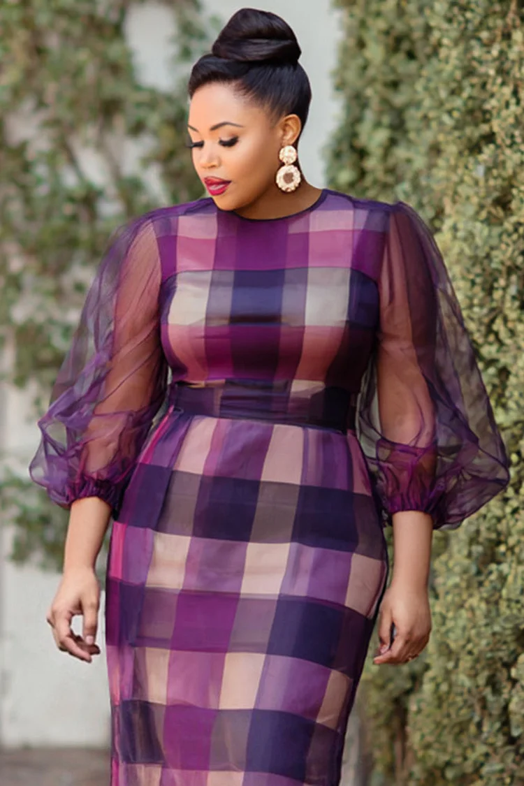 Xpluswear Design Plus Size Churchs Purple Plaid Round Neck Lantern Sleeve 3/4 Sleeve See Through Vintage Bodycon Midi Dresses [Pre-Order]