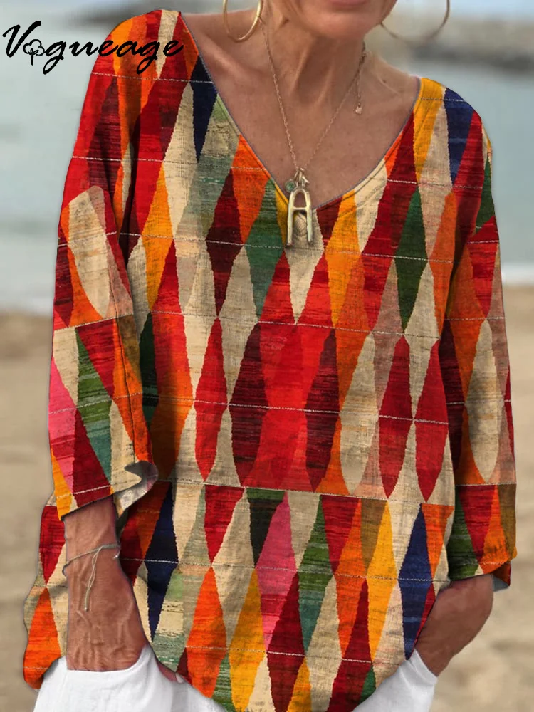 Simple Casual Creative Diamond Pattern 3/4 Sleeves Printed Cotton And Linen Shirt