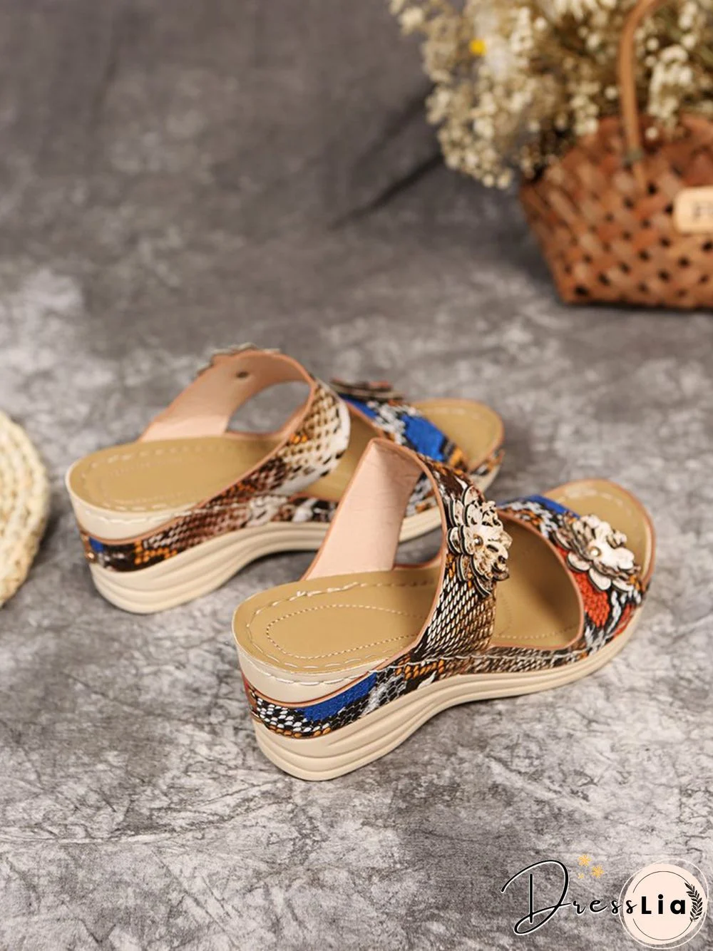 3D Floral Snake Print Wedge Sandals Slippers