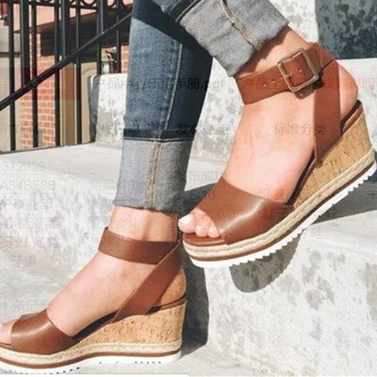 Solid Color Buckle round Head Leisure Wedge Sandals