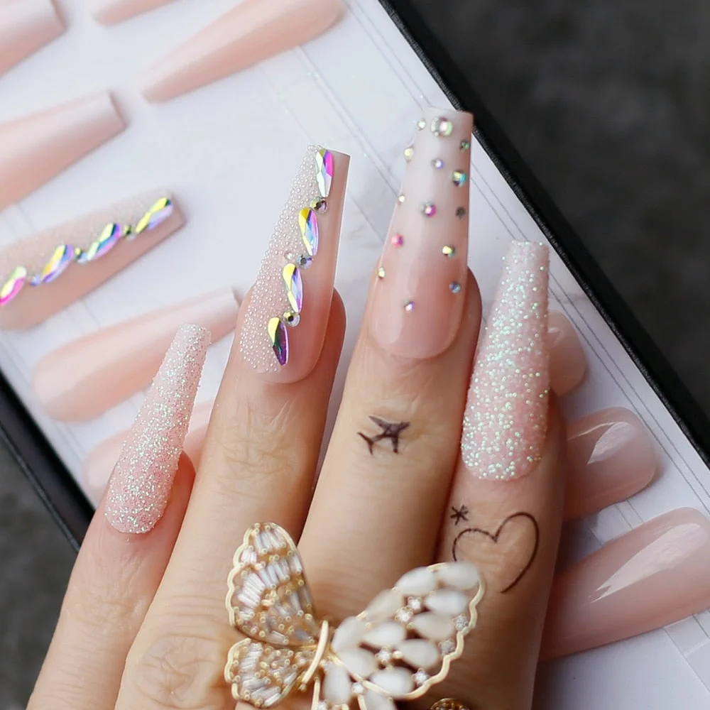 Beaeutiful Baby Boomer Ombre Long Coffin false nails Gift Luxury Crystal Galore Fake nails Box Press on nails Ballet-Nail Inspo