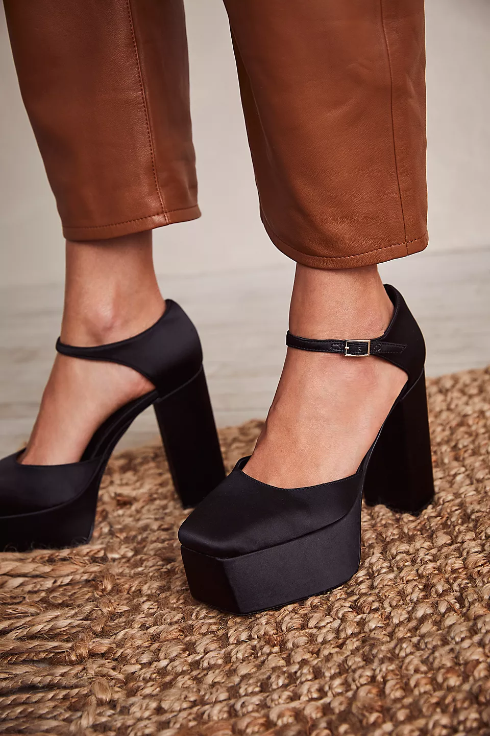Black Satin Square Toe Ankle Strap Chunky Heel Pumps with Platform Nicepairs