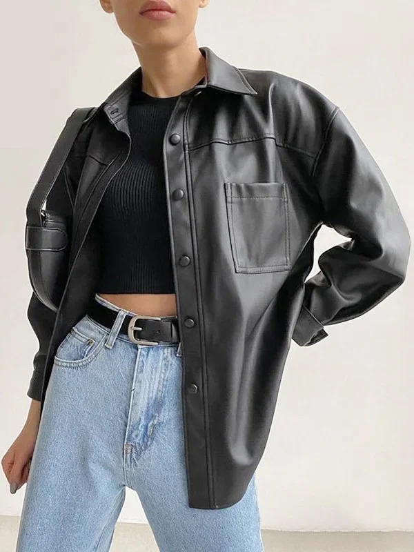 Simple Single-Breasted Leather Coat - yankia