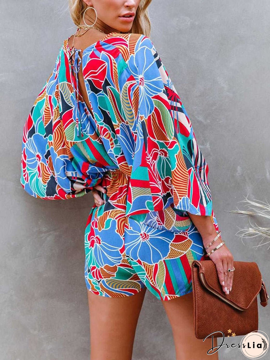 Tied Printed Kimono Sleeve Romper