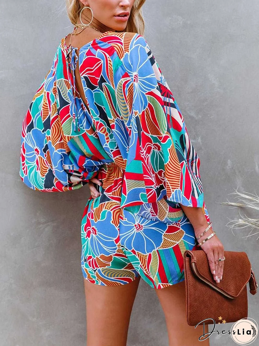 Tied Printed Kimono Sleeve Romper