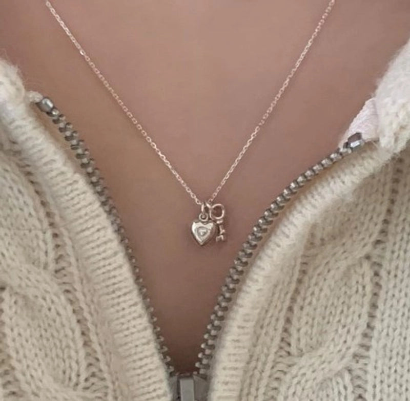 925 Sterling Silver Cable Chain Plating Heart Shape Key Pendant Necklace