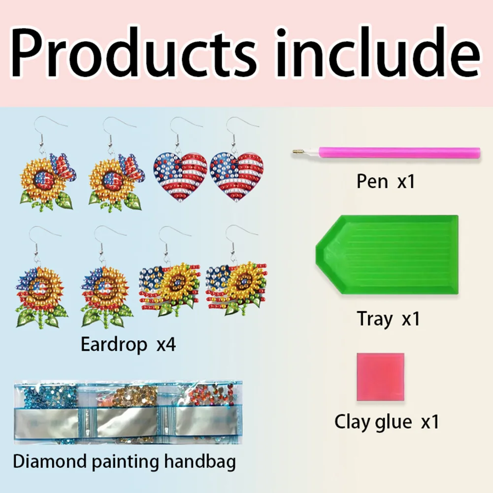 4 Pairs Double Sided Sunflower Flag Diamond Painting Earrings for Women Girls