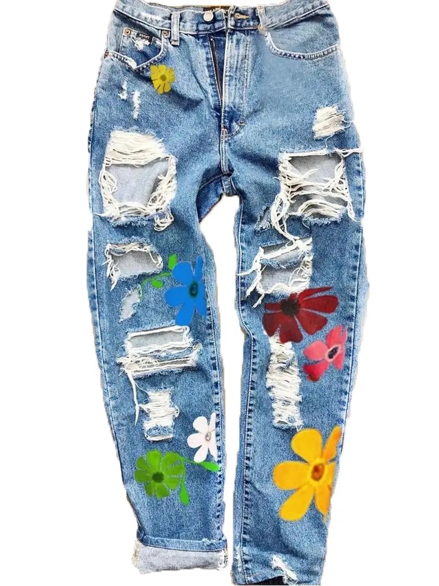 Women Ripped Jeans Fashion High Waist Flower Print Trousers With Pockets Casual Style Bottoms Teen Denim Pant Womens Clothing