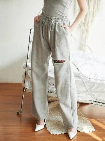 pornhint Pornhint Nibber fashion Solid color Basic Hole pants female  high street casual wear 2023summer office lady loose High waist Harem pants