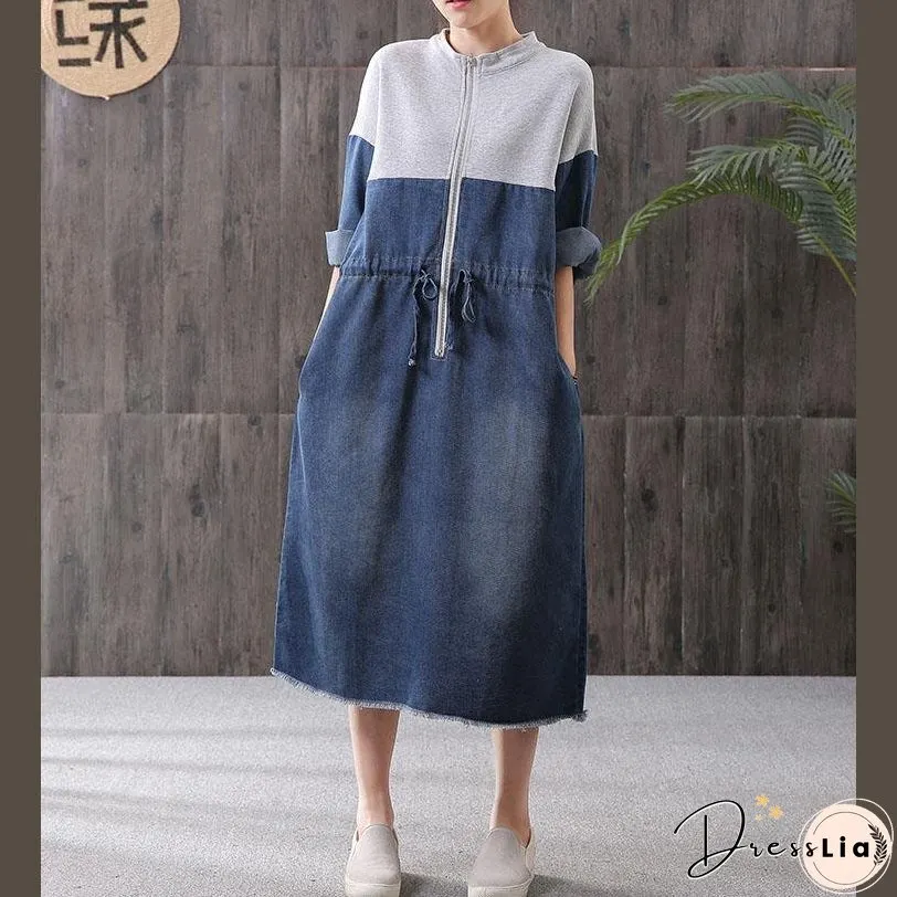 Women denim blue stand collar zippered oversized Dress
