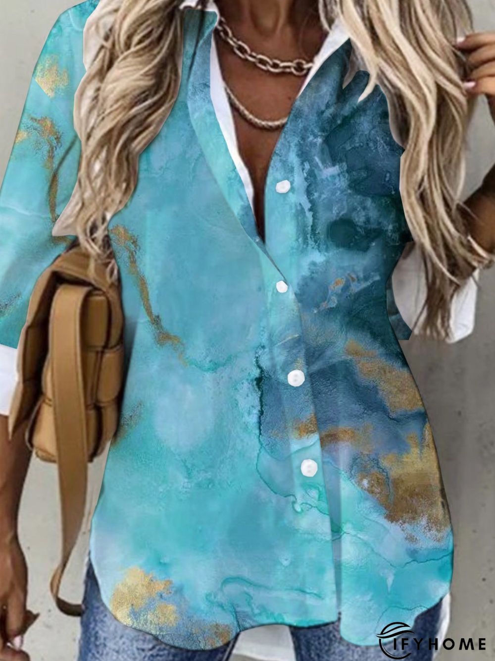 Casual Sea Long Sleeve Shirt Collar Printed Top Tunic Blouse | IFYHOME