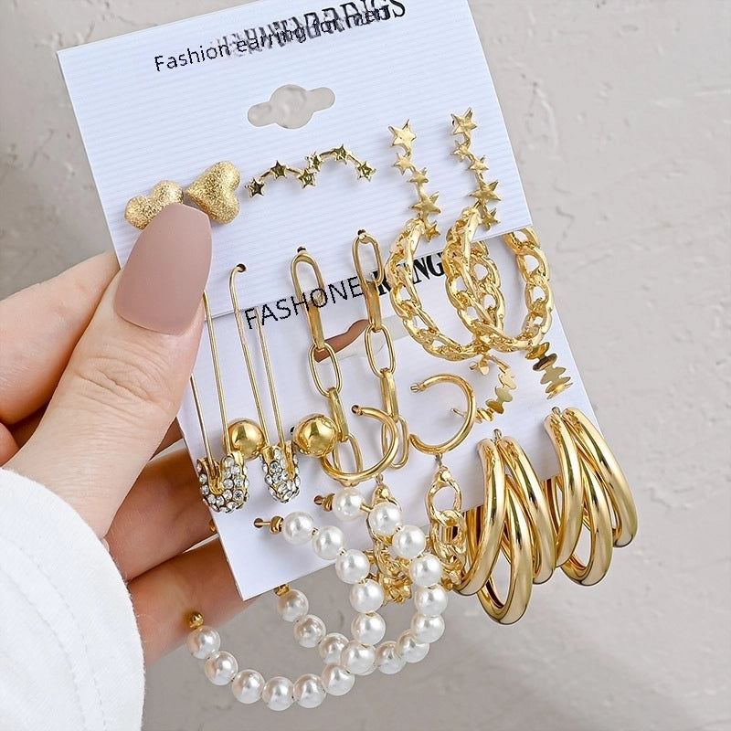 Hot Sale Retro Gold Geometric Ladies Earrings Set Fashion Pearl Earrings Earrings Diamond
